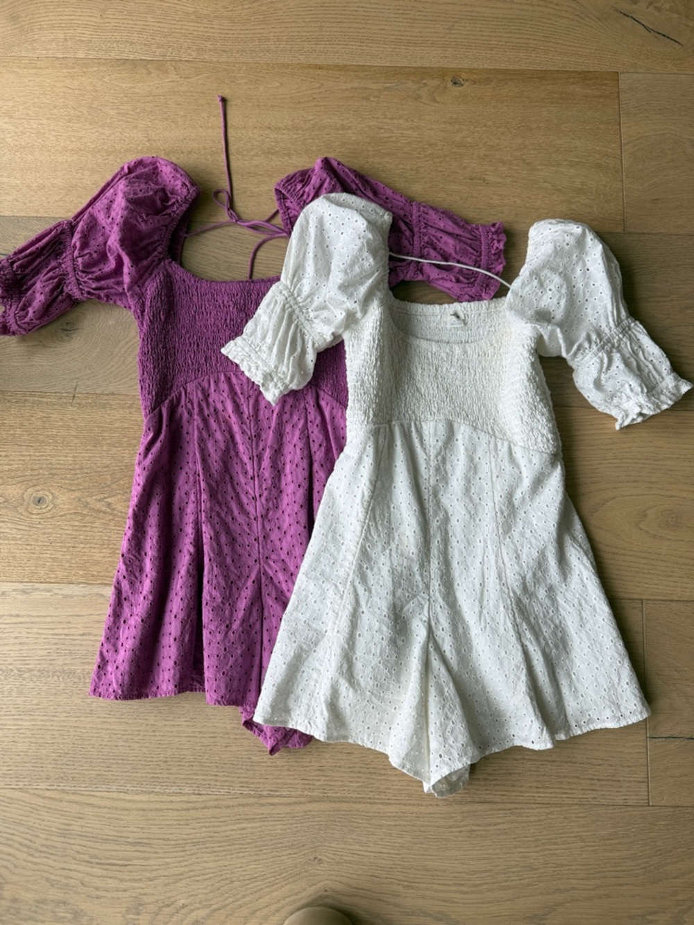 2 - Urban Outfitter x Kimchi Blue Eyelet Puff-Sleeve Romper in White and Magenta - Picture 3 of 10